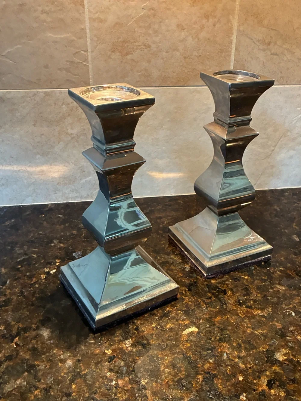 Source Unknown Mirrored Silver Taper Candle Holders - Pair
